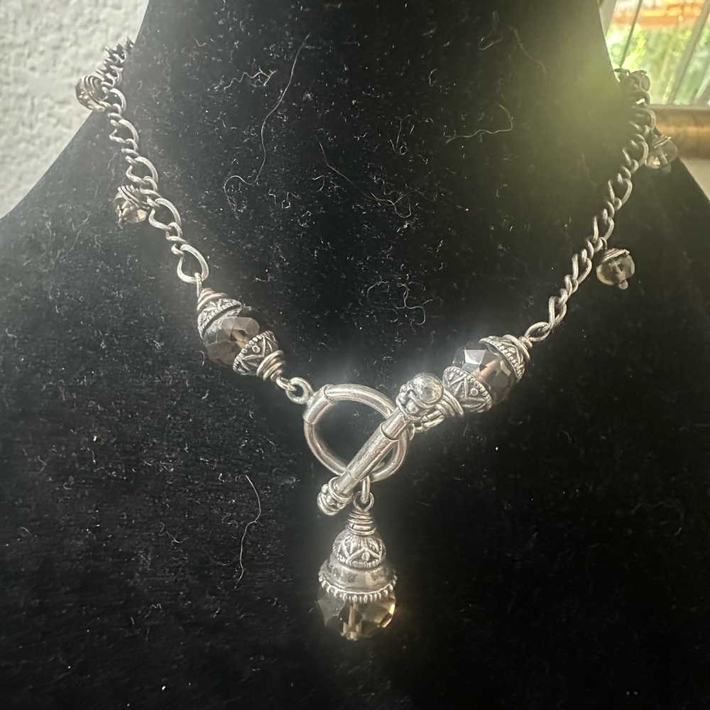 Silver and smoky quartz Beaded Necklace with toggle closure